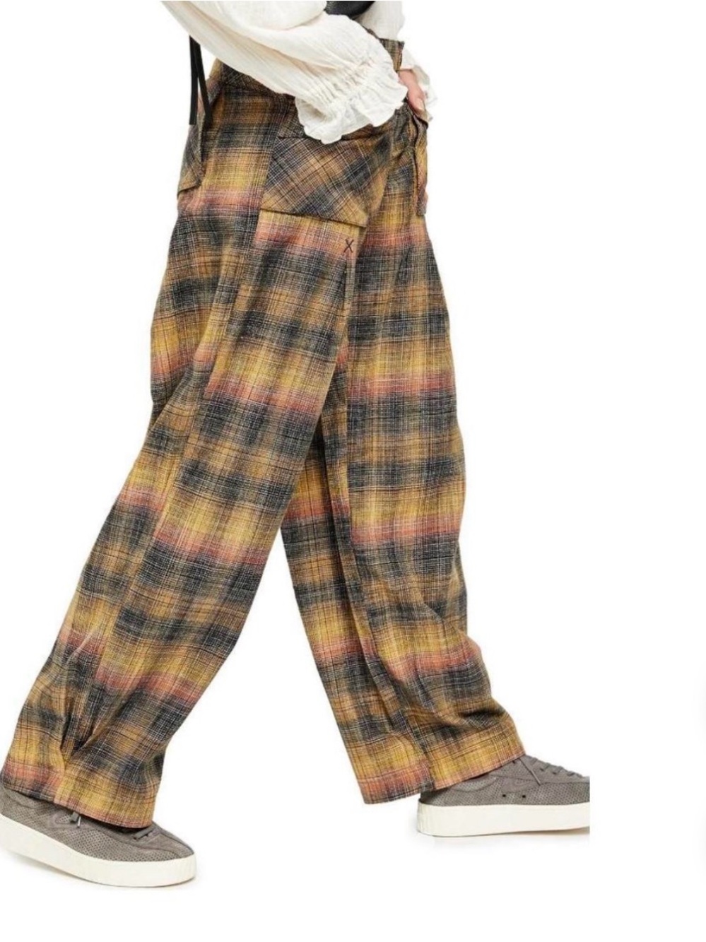 Free People Plaid Wide-Leg Pants in Mustard and Pink